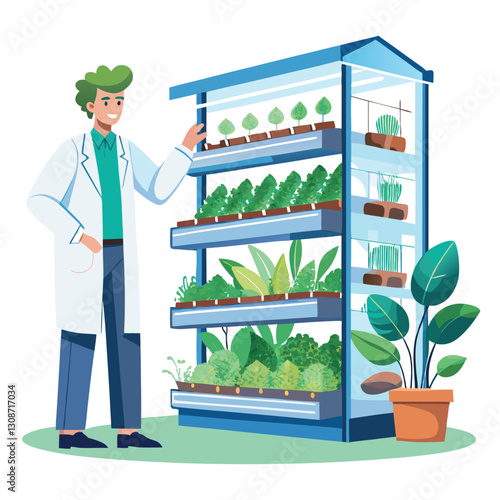 scientist inspecting vertical farming racks vector image on white background 