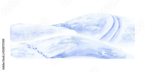 Snow-covered hills, slides, snowdrifts. Ski track, paths, tracks. Part of the landscape-constructor. Watercolor illustration, hand-drawn on the background isolated. For decor, design, polygraphy