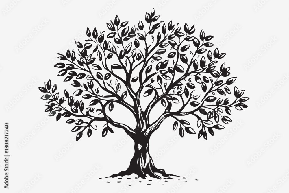 Fototapeta premium Black silhouette olive branch with leaves and fruit. Realistic sketch isolated on white background. Olive tree twig botanical drawing