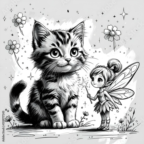 Cute black and white feline vector art depicts a cartoon cat with a bow photo