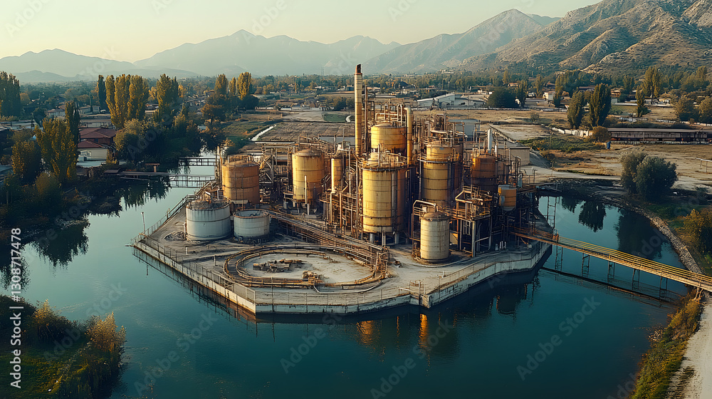 Industrial Complex on the water: This is a view of a large industrial complex with numerous storage tanks and a water treatment facility by water reflecting a sense of industry.