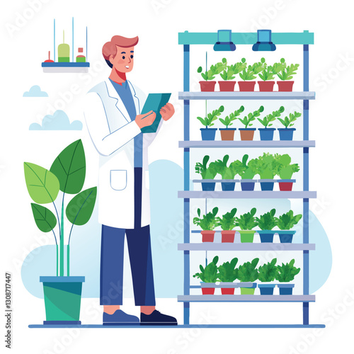 scientist inspecting vertical farming racks vector image on white background 