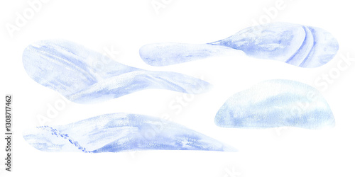 Snow-covered hills, slides, snowdrifts. Ski track, paths, tracks. Part of the landscape-constructor. Watercolor illustration, hand-drawn on the background isolated. For decor, design