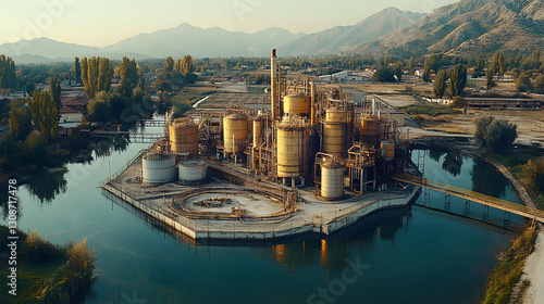 Industrial Complex on the water: This is a view of a large industrial complex with numerous storage tanks and a water treatment facility by water reflecting a sense of industry.