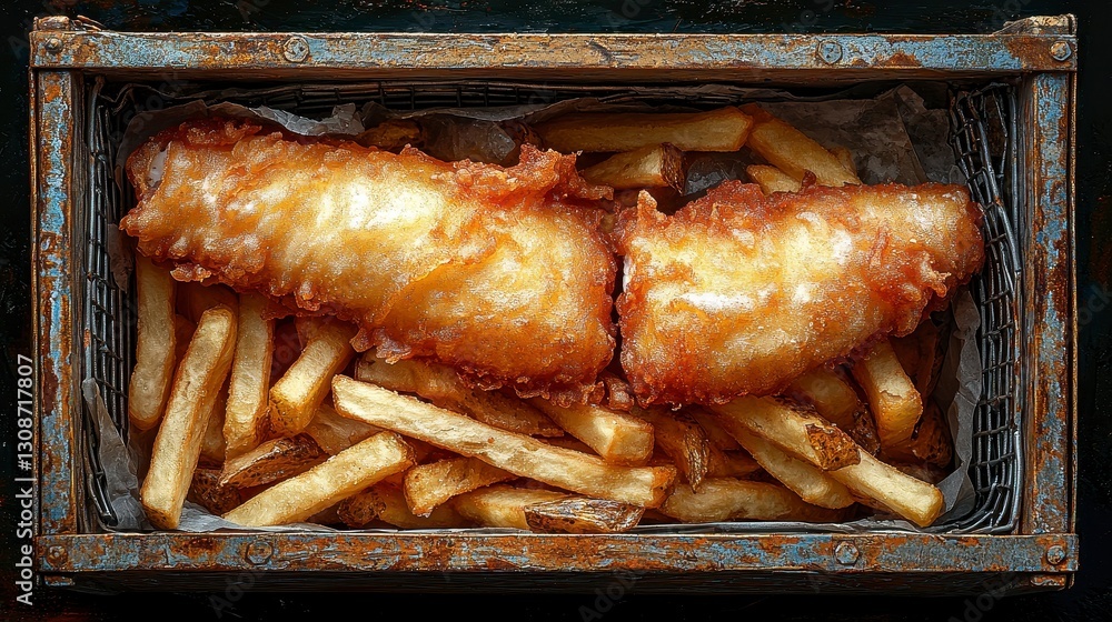Delicious Fish and Chips Delight A Rustic Culinary Still Life Featuring Crispy Battered Fish and Golden Fries Served in a Weathered Wooden Box, Perfect for Food Photography Enthusiasts and Lovers of Delicious Fish and Chips Delight A Rustic Culinary Still Life Featuring Crispy Battered Fish and Golden Fries Served in a Weathered Wooden Box, Perfect for Food Photography Enthusiasts and Lovers of