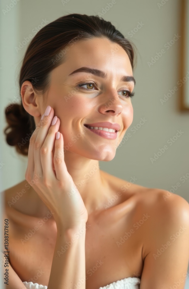 Beautiful woman touching face and smiling gently Beautiful woman touching face and smiling gently