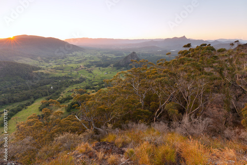 Sunset, view to Mount Warning, Wollumbin, Mebbin, Border Ranges, Mount Jerusalem National Park, Nightcap, Doon Doon, Uki, Tweed Valley, Byron Bay Hinterland - NSW, Australia
