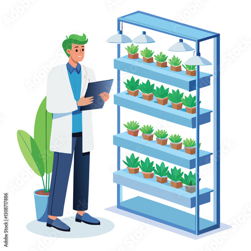 scientist inspecting vertical farming racks vector image on white background 