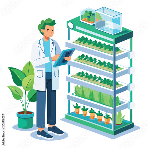 scientist inspecting vertical farming racks vector image on white background 