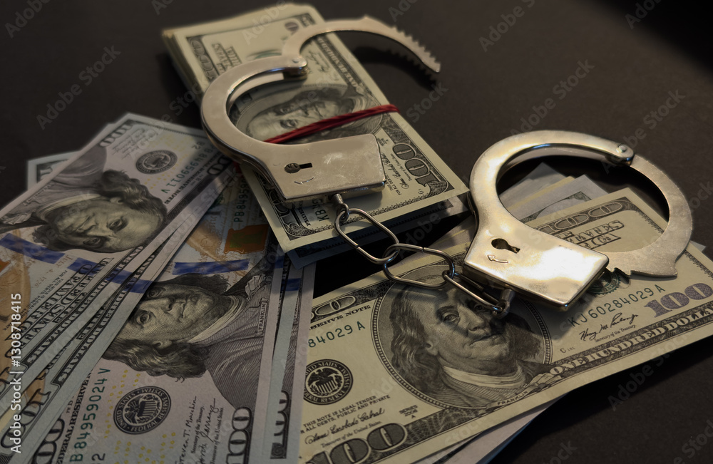 Handcuffs on 100 Bills on Concrete Floor for Crime Handcuffs on 100 Bills on Concrete Floor for Crime
