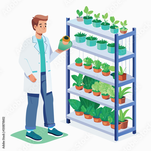scientist inspecting vertical farming racks vector image on white background 