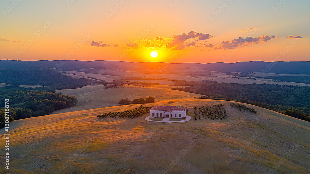 Golden Hour Estate: An aerial perspective of a luxurious estate bathed in the golden light of sunrise, overlooking rolling hills and valleys, symbolizing serenity and elegance.