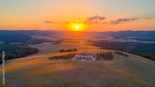 Obraz na płótnie Golden Hour Estate: An aerial perspective of a luxurious estate bathed in the golden light of sunrise, overlooking rolling hills and valleys, symbolizing serenity and elegance. w salonie