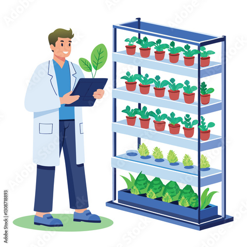 scientist inspecting vertical farming racks vector image on white background 