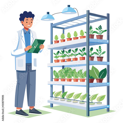 scientist inspecting vertical farming racks vector image on white background 