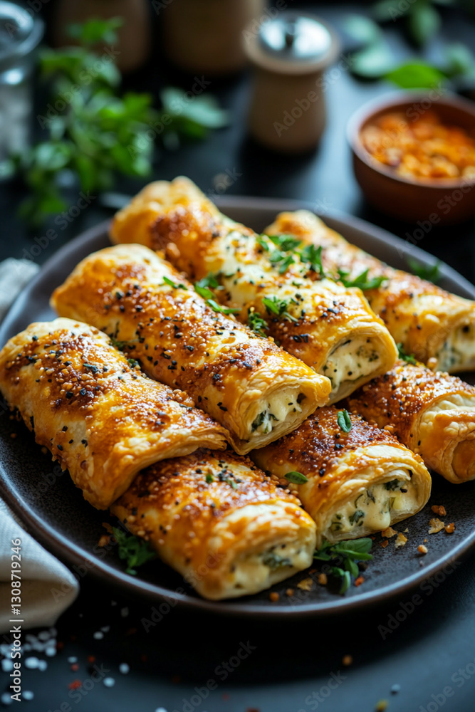 Plate of boreks - crispy pies with cheese filling and herbs Plate of boreks - crispy pies with cheese filling and herbs