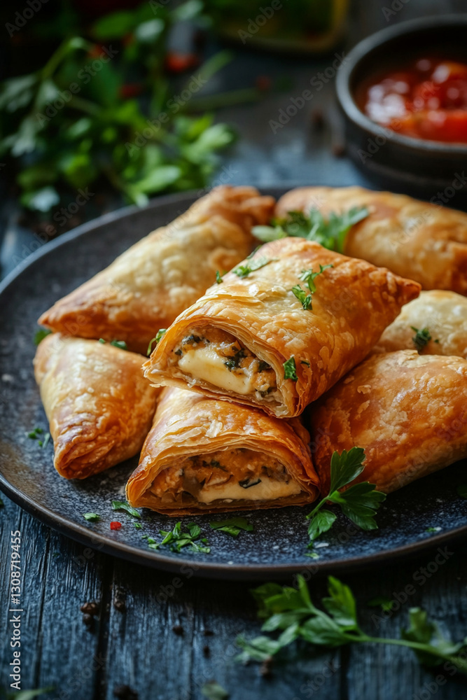 Plate of boreks - crispy pies with cheese filling and herbs Plate of boreks - crispy pies with cheese filling and herbs