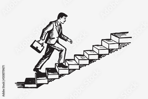 Businessman going up the stairs or career growth. Striving for the goal, vector cartoon illustration isolated on white background