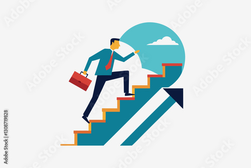 Businessman going up the stairs or career growth. Striving for the goal, vector cartoon illustration isolated on white background