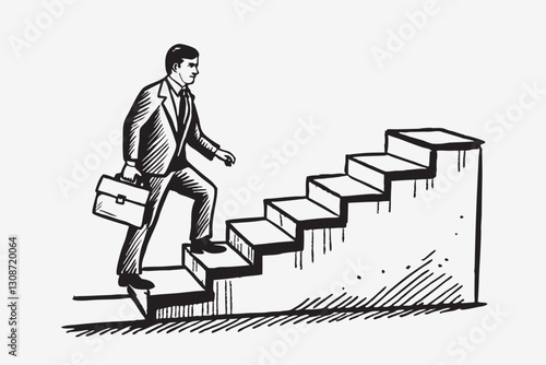 Black silhouette of Businessman running with suitcase up the stairs towards the sky. minimalist head logo, Icon, element. Vector illustration