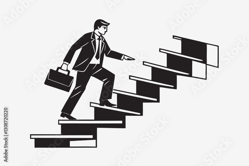 Black silhouette of Businessman running with suitcase up the stairs towards the sky. minimalist head logo, Icon, element. Vector illustration