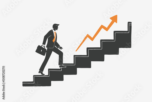 Black silhouette of Businessman running with suitcase up the stairs towards the sky. minimalist head logo, Icon, element. Vector illustration