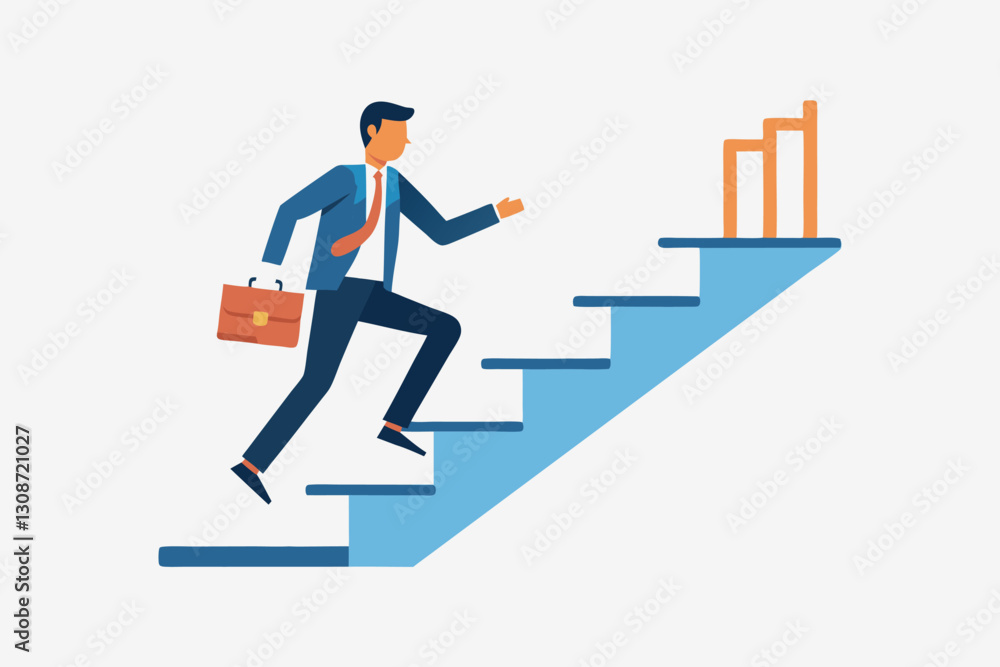 Progress or journey to success or achieve goal, business step or career path. businesswoman goes up career stairs to success. Vector illustration Progress or journey to success or achieve goal, business step or career path. businesswoman goes up career stairs to success. Vector illustration