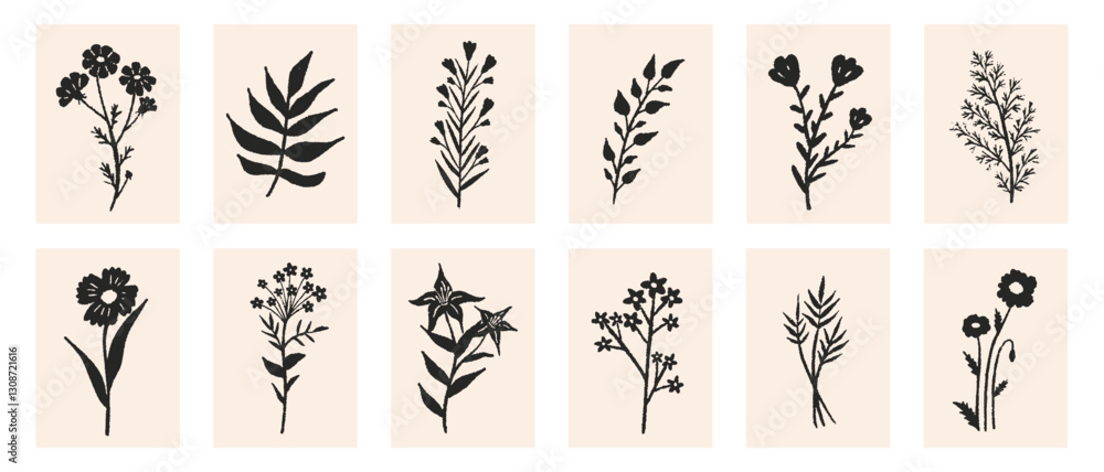 Naklejka premium Floral botanical composition black silhouette set. Modern trendy minimal style. Vector design for print, wallpaper, card and invite, poster