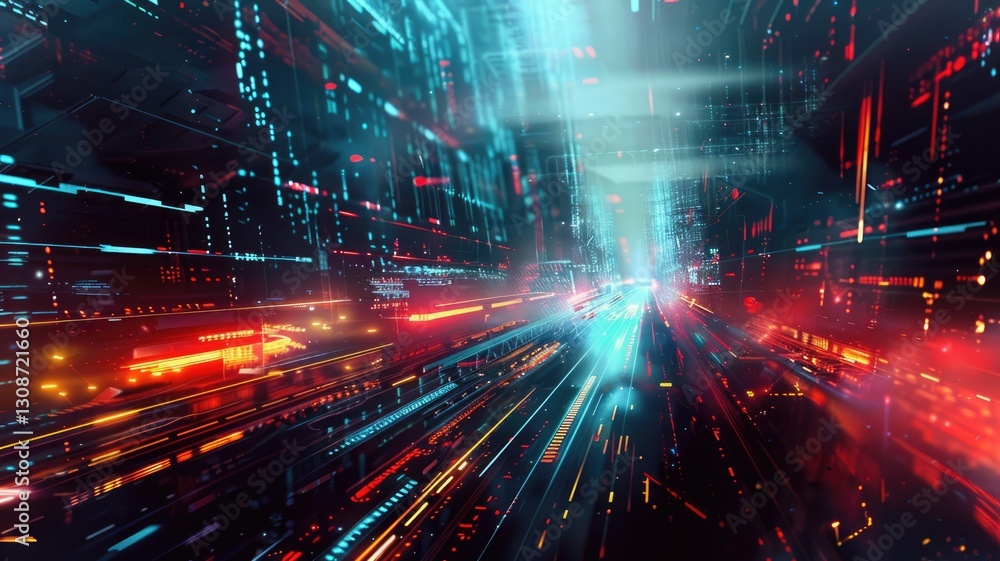 Abstract picture digital style scenery high tech building or structure with glowing fantasy neon light. Cyberpunk or cyberspace scene technology design construction and electric particle flow. AIG53.