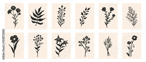 Floral botanical composition black silhouette set. Modern trendy minimal style. Vector design for print, wallpaper, card and invite, poster