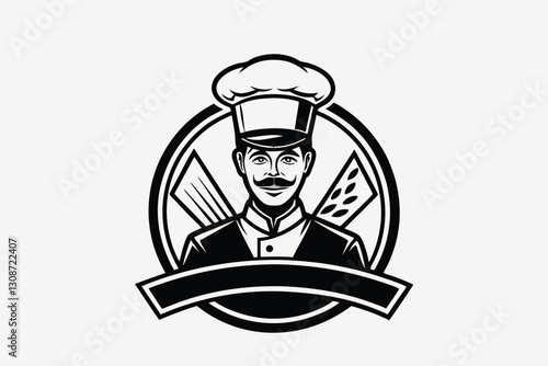 Detailed chef logo template. Design element for logo, poster, card, banner, emblem, t shirt. Vector illustration