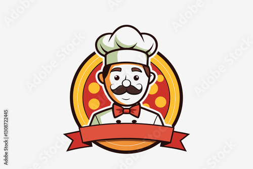 Pizzeria chef logo vector illustration, Design element for logo, poster, card, banner, emblem, t-shirt. vector cartoon illustration isolated on white background