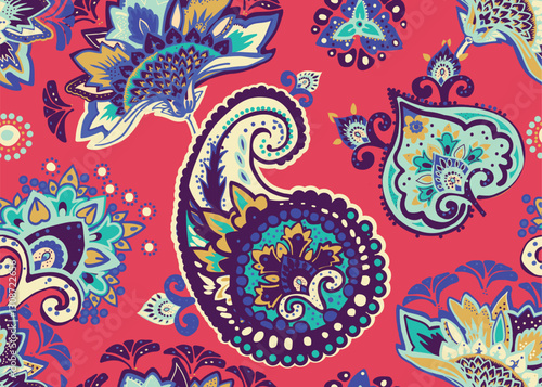 Seamless paisley pattern in Oriental style with floral and ethnic motifs for printed fabric, wallpaper, and packaging