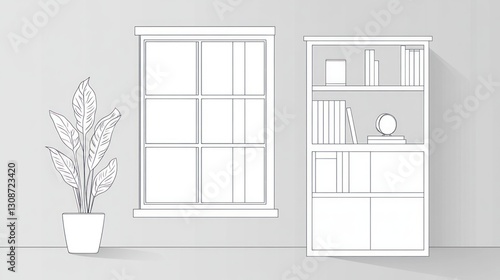 Minimalist home office interior design, bookshelf, plant, window