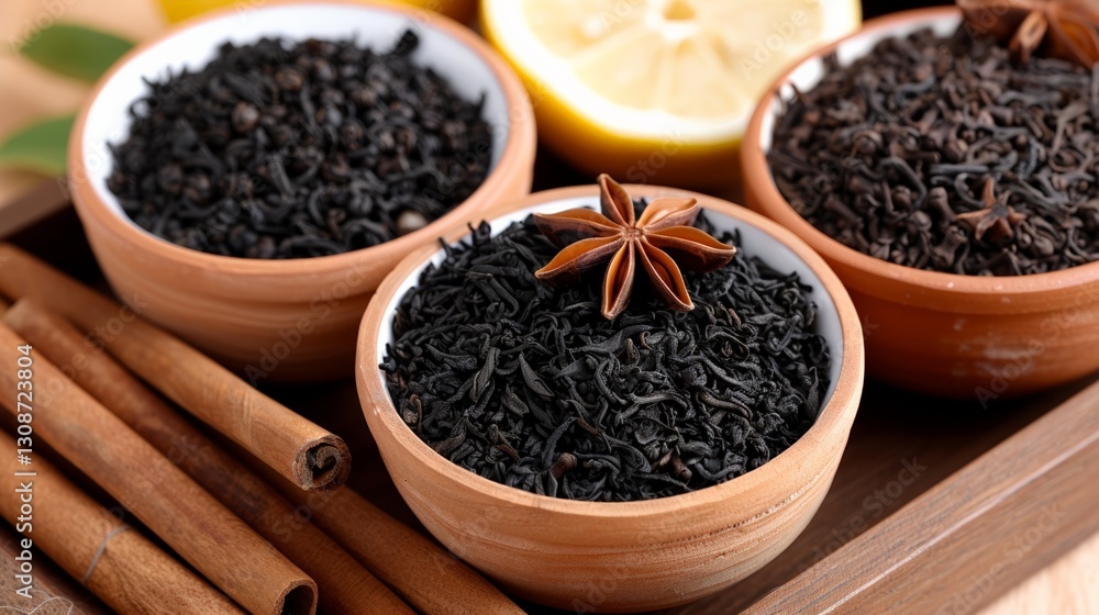 Aromatic spice and tea composition with black tea, star anise, and lemon Aromatic spice and tea composition with black tea, star anise, and lemon