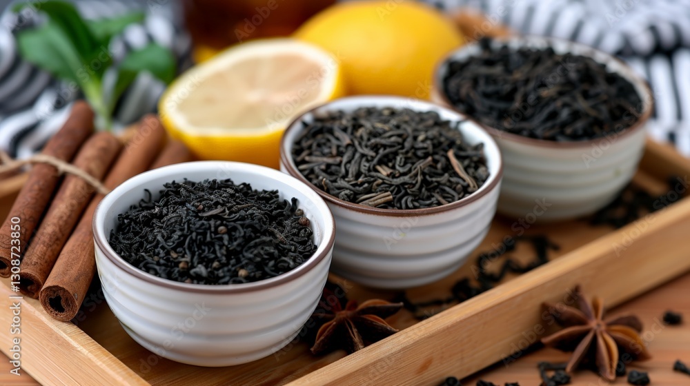 Aromatic tea leaves with lemon and spices in ceramic bowls on wooden tray Aromatic tea leaves with lemon and spices in ceramic bowls on wooden tray