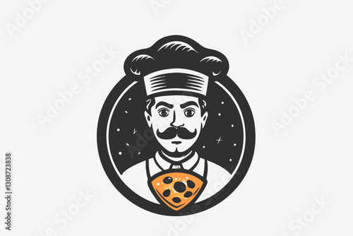 Italian Pizza Chef Mascot Logo, Italian chef with a pizza. Pizzaiolo vector illustration.