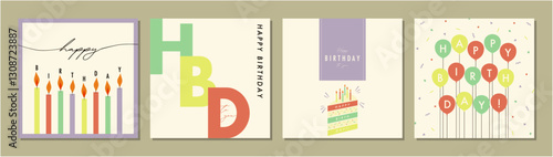 バースデーカードセット　フレーム　背景　ベクターイラスト　ケーキ　バルーン　おしゃれ	