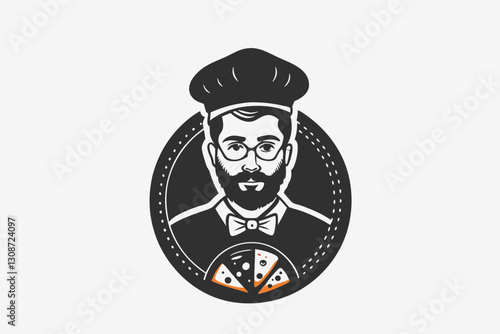 Italian Pizza Chef Mascot Logo, Italian chef with a pizza. Pizzaiolo vector illustration.
