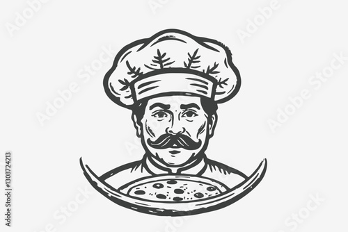Italian Pizza Chef Mascot Logo, Italian chef with a pizza. Pizzaiolo vector illustration.