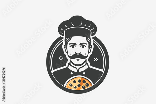 Italian Pizza Chef Mascot Logo, Italian chef with a pizza. Pizzaiolo vector illustration.