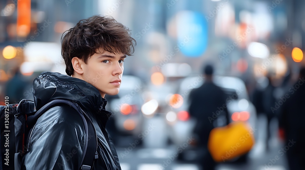 Fototapeta premium Young man with tousled hair looking back in a bustling urban intersection filled with cars and pedestrians
