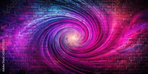 A vibrant radial gradient of purple and pink hues on a textured brick wall background, creating an abstract art piece with swirling patterns and depth effects, radial gradient, abstract art