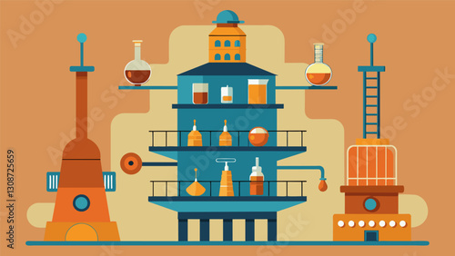 The towers interior divided into different levels each one dedicated to a specific process in the distillation.. Vector illustration