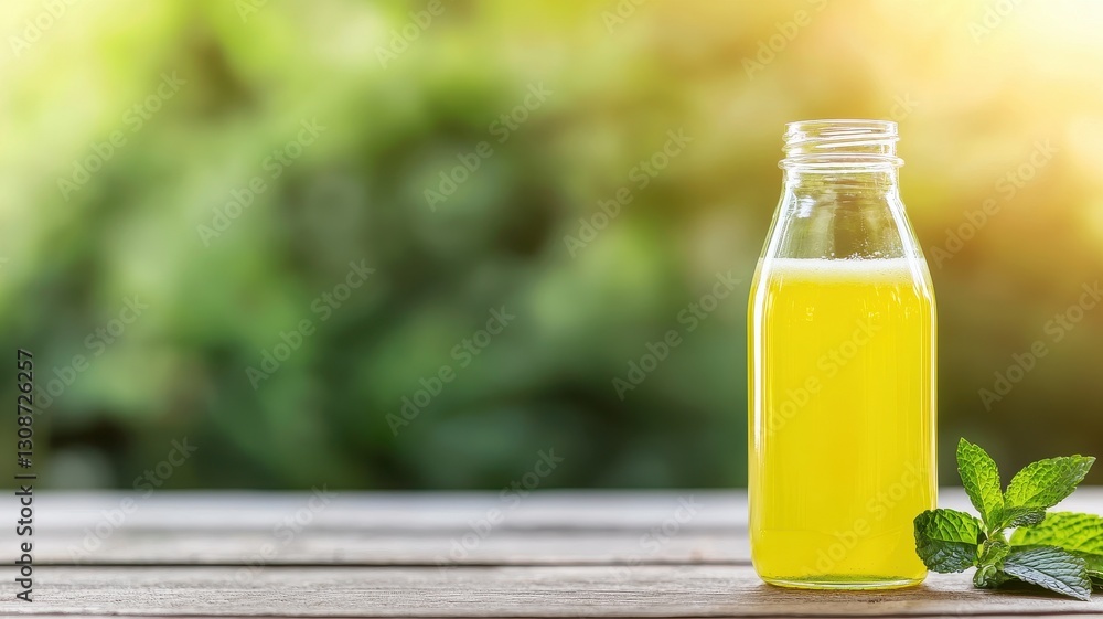 A refreshing bottle of yellow beverage rests on a wooden surface, accompanied by fresh mint leaves, against a softly blurred green background. A refreshing bottle of yellow beverage rests on a wooden surface, accompanied by fresh mint leaves, against a softly blurred green background.