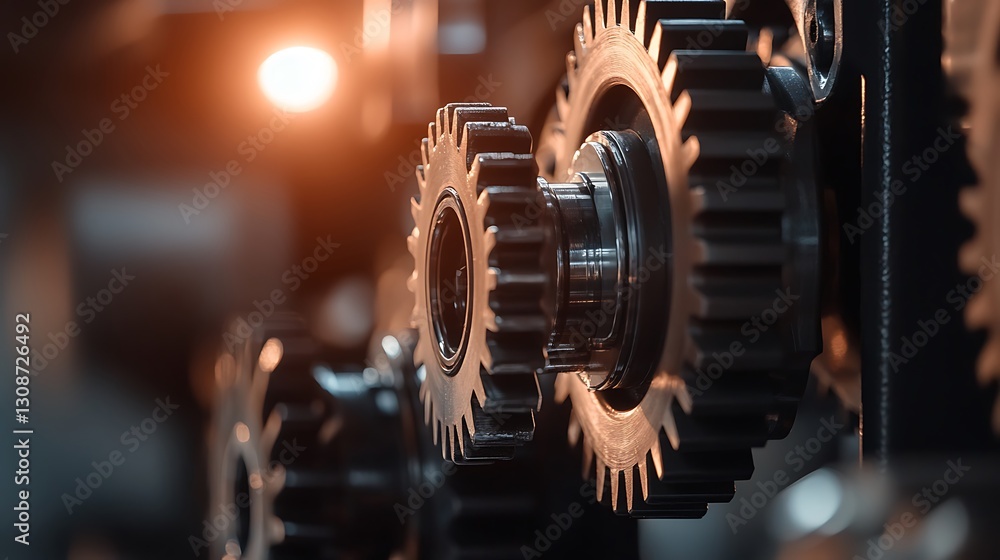 Naklejka premium Close-Up View of Metal Gears and Cogs in Industrial Machinery with Warm Light Background
