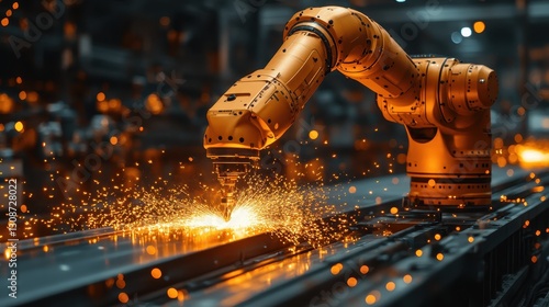A robotic arm lifting a heavy steel beam in a factory filled with sparks.