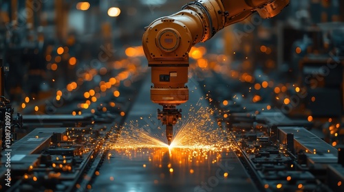 A robotic arm lifting a heavy steel beam in a factory filled with sparks.