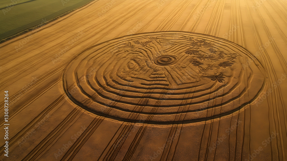 Aerial shot of crop circles. Martian terrain replica in fields. Stunning ultra-realistic visuals. Unexplained art or alien signals? Aerial shot of crop circles. Martian terrain replica in fields. Stunning ultra-realistic visuals. Unexplained art or alien signals?