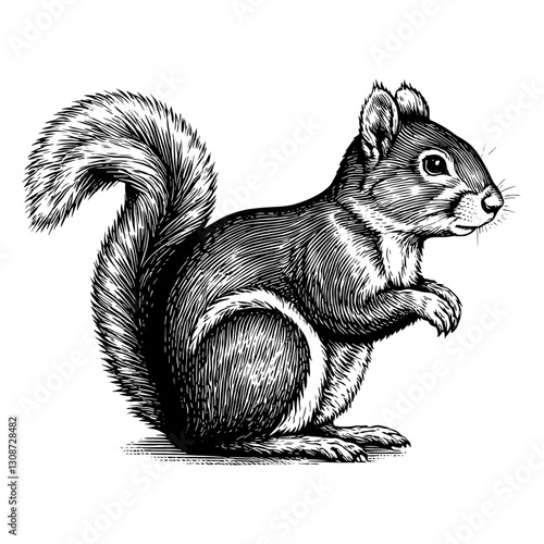 Squirrel Woodcut vintage Monochrome black and white drawing animal Illustration